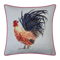 Edie At Home Edie@Home Watercolor Rooster Print With Ribbon Embroidery Throw Pillow