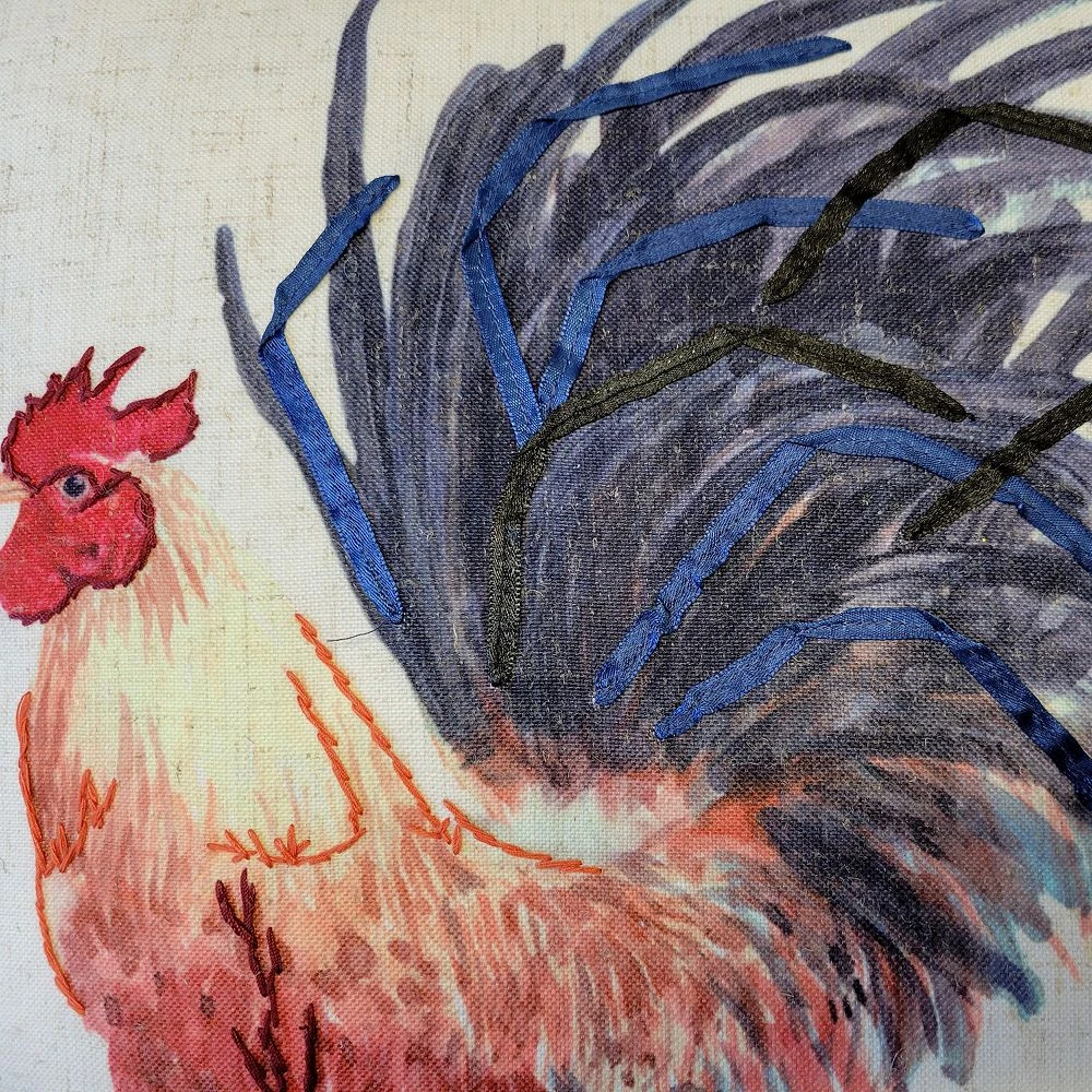 Edie At Home Edie@Home Watercolor Rooster Print With Ribbon Embroidery Throw Pillow 4 Edie At Home Edie@Home Watercolor Rooster Print With Ribbon Embroidery Throw Pillow - Image 2