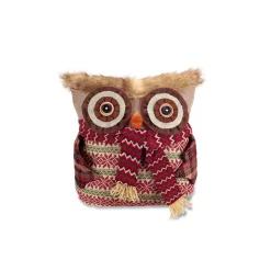 Diva At Home 14" Brown And Red Nordic Owl With Scarf Christmas Throw Pillow