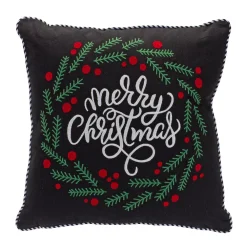 Christmas Central 15.5" Black And White "Merry Christmas" Berry Wreath Throw Pillow