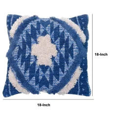 Benzara 18 X 18 Handcrafted Shaggy Soft Cotton Accent Throw Pillow, Southwest Aztec Pattern, Blue And White -Safavieh Store 6192816 ALT2