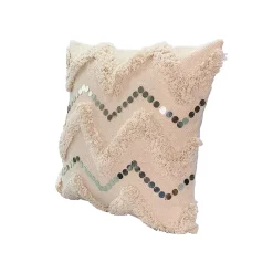 Benzara 18 X 18 Square Cotton Accent Throw Pillow, Handcrafted Chevron Patchwork, Sequins, Blush Pink