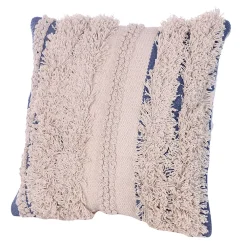 Benzara 18 X 18 Handcrafted Soft Shaggy Cotton Accent Throw Pillow, Woven Yarn, Beige, Blue