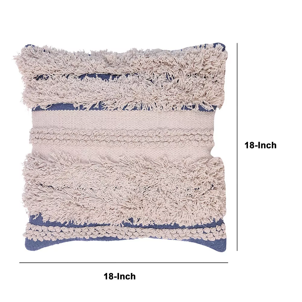 Benzara 18 X 18 Handcrafted Soft Shaggy Cotton Accent Throw Pillow, Woven Yarn, Beige, Blue 5 Benzara 18 X 18 Handcrafted Soft Shaggy Cotton Accent Throw Pillow, Woven Yarn, Beige, Blue - Image 3