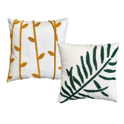 Benzara 17 X 17 Inch 2 Piece Square Cotton Accent Throw Pillow Set, Leaf Embroidery, White, Green, Yellow