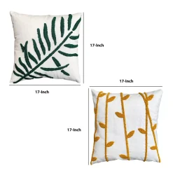 Benzara 17 X 17 Inch 2 Piece Square Cotton Accent Throw Pillow Set, Leaf Embroidery, White, Green, Yellow -Safavieh Store 6192963 ALT2