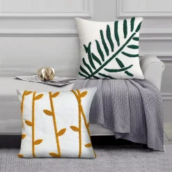 Benzara 17 X 17 Inch 2 Piece Square Cotton Accent Throw Pillow Set, Leaf Embroidery, White, Green, Yellow -Safavieh Store 6192963 ALT3