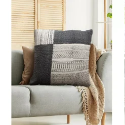 Benzara Dae 24 X 24 Square Handwoven Accent Throw Pillow, Cotton Dhurrie, Classic Kilim Pattern, Gray, Off White -Safavieh Store 6192996 ALT3