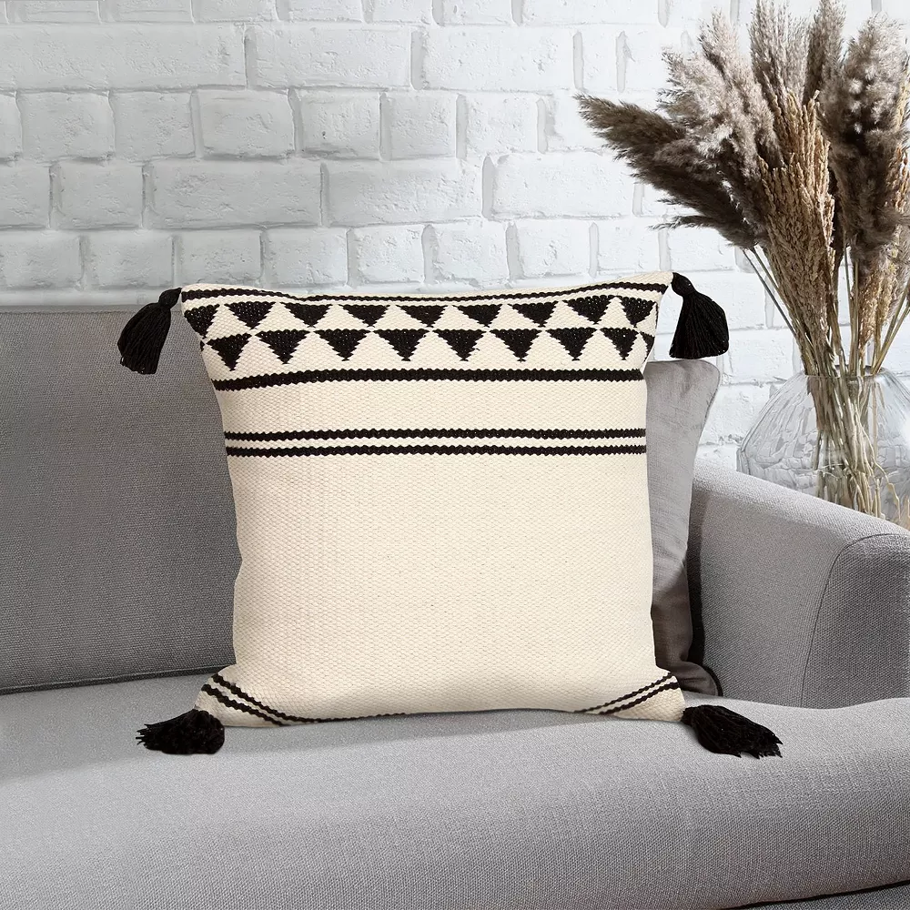 Benzara 18 X 18 Square Cotton Accent Throw Pillow With Simple Striped Pattern And Tassels, White And Black 6 Benzara 18 X 18 Square Cotton Accent Throw Pillow With Simple Striped Pattern And Tassels, White And Black - Image 4
