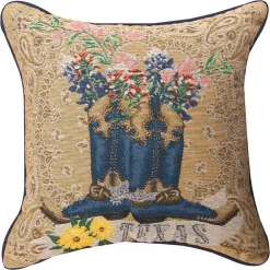 CC Home Furnishings 17" Brown And Blue Floral Texas Designer Boots Square Throw Pillow