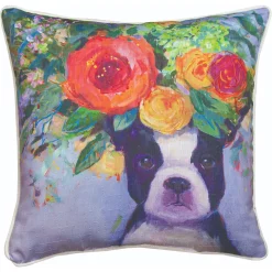 Manual Weavers 18" Square Polyester Pillow With Dogs In Bloom Boston Design