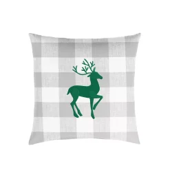 Outdoor Living And Style 18" Gray Plaid And Green Single Embroidered Decorative "Deer" Square Lumbar Pillow