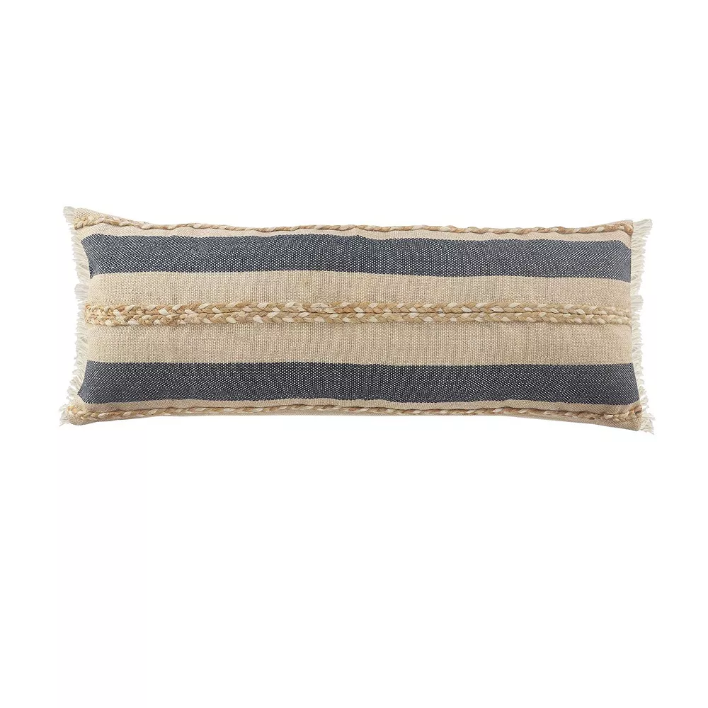 Laddha Home Designs 36" Blue And Tan Striped Rectangular Lumbar Pillow With Jute Braiding 3 Laddha Home Designs 36" Blue And Tan Striped Rectangular Lumbar Pillow With Jute Braiding