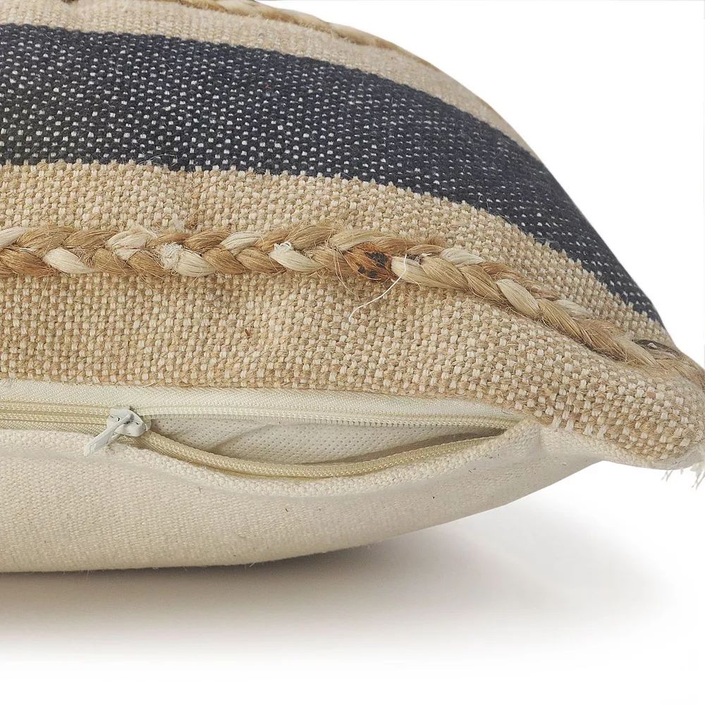 Laddha Home Designs 36" Blue And Tan Striped Rectangular Lumbar Pillow With Jute Braiding 5 Laddha Home Designs 36" Blue And Tan Striped Rectangular Lumbar Pillow With Jute Braiding - Image 3